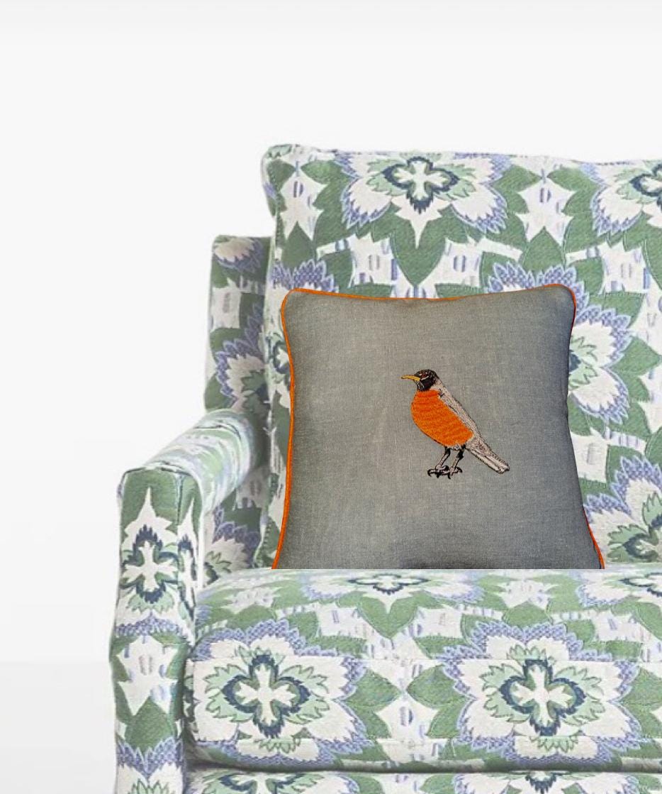 Embroidered Robin Bird Linen Pillow: Slate Blue & Orange Accent