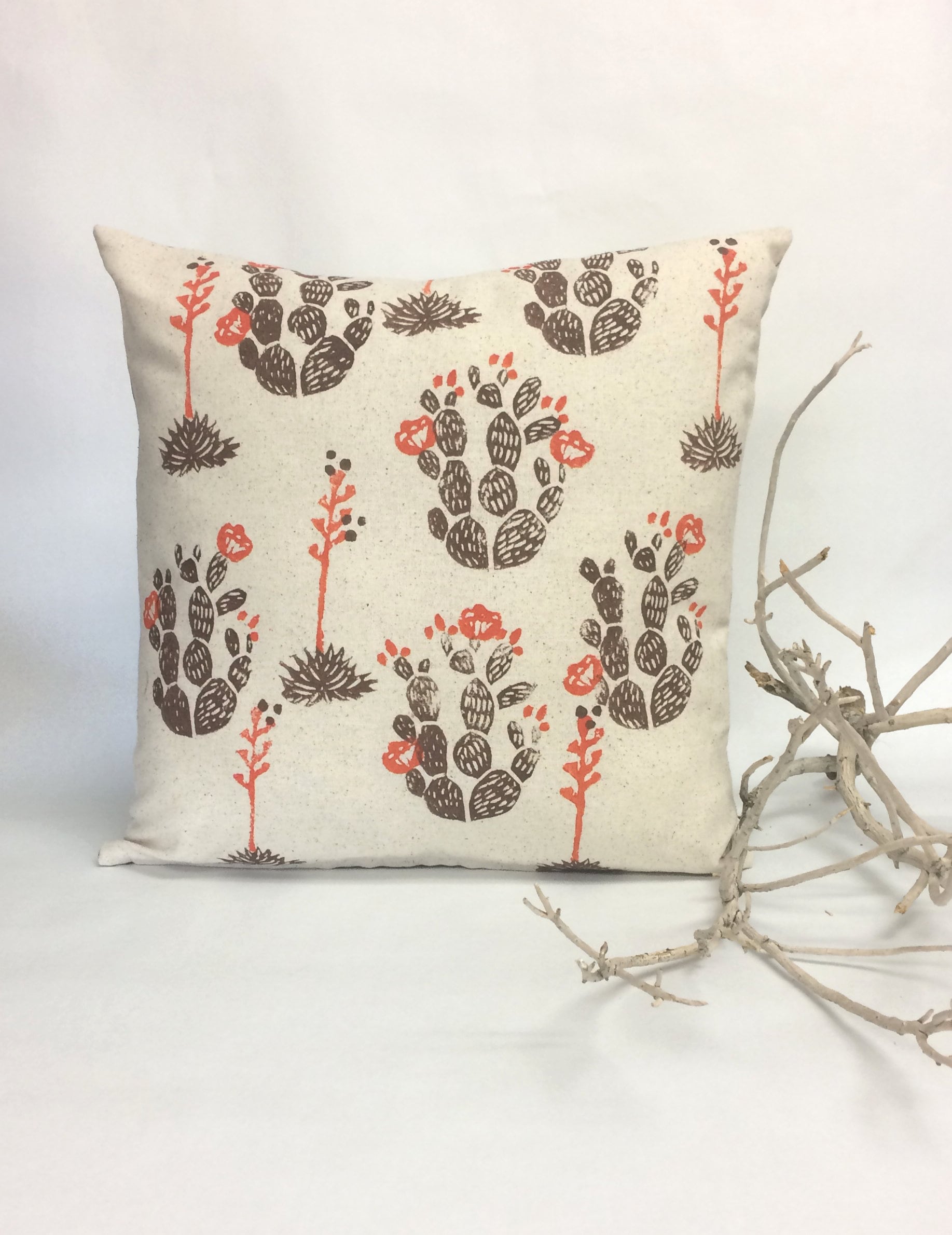 Hand Block Printed Cactus Pillow Cover: Desert Floral Design