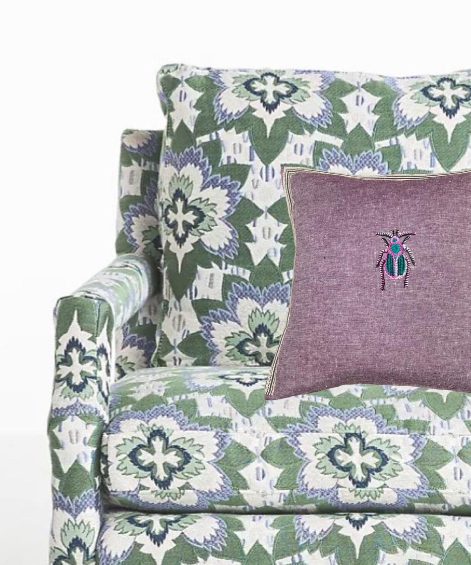 Lilac Linen Pillow – Beetle Bug Embroidery, Decorative Throw