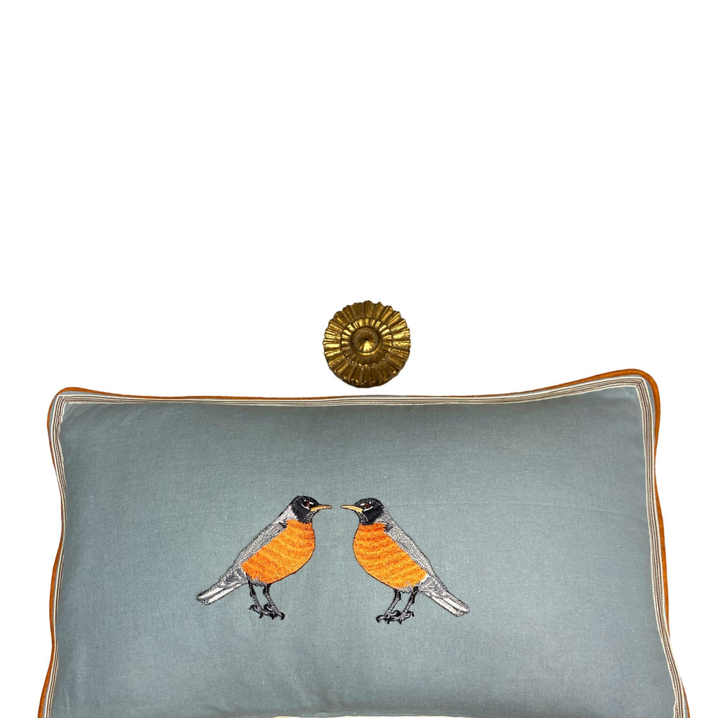 Slate Blue Embroidered Robin Bird Linen Pillow