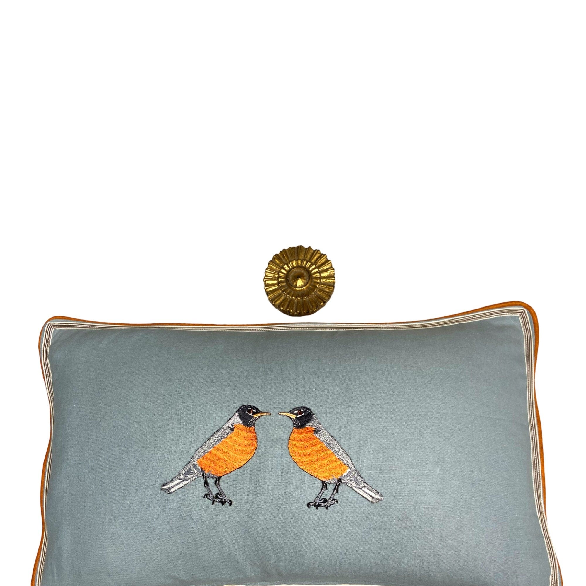 Slate Blue Embroidered Robin Bird Linen Pillow