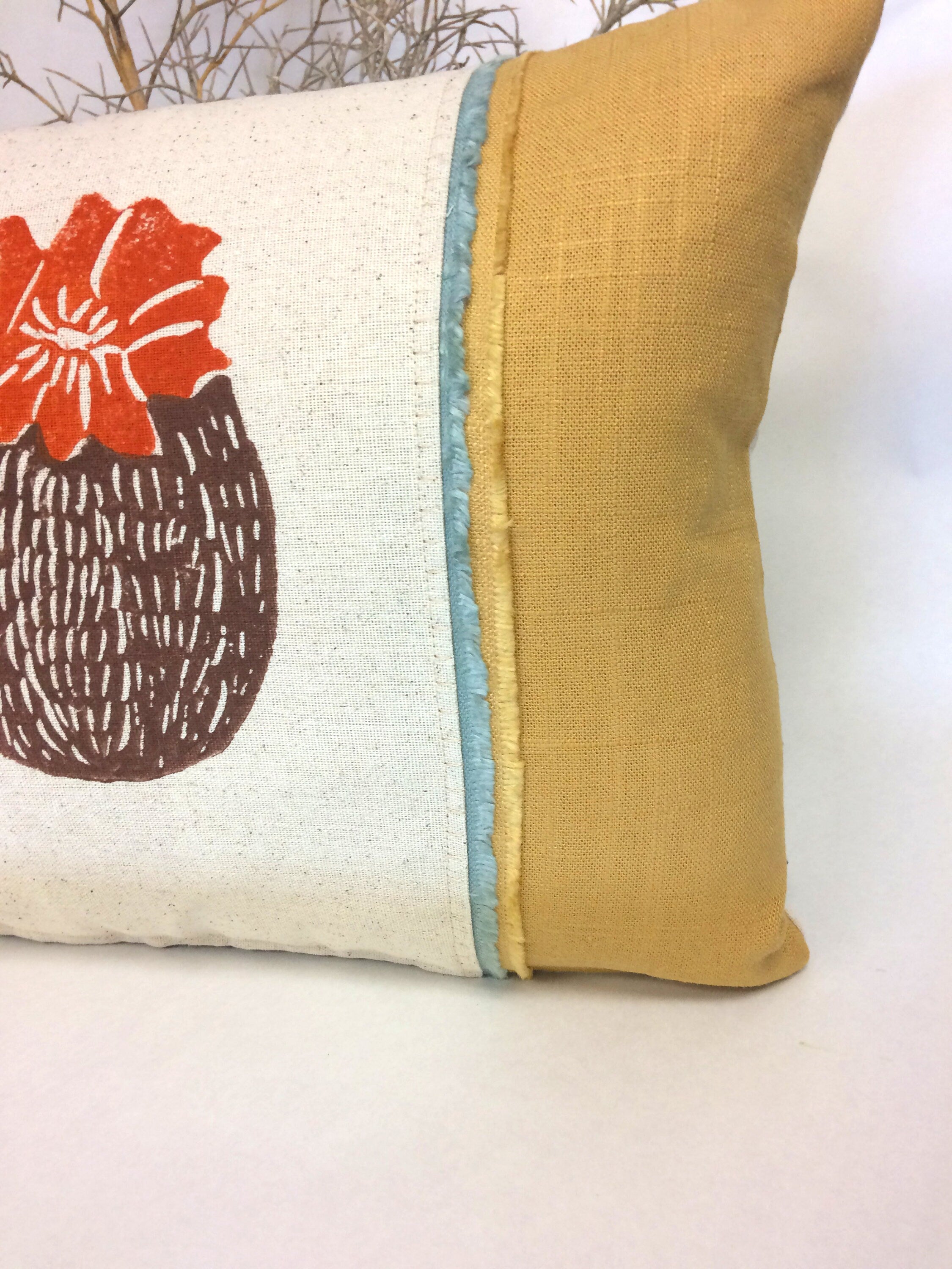 Hand Printed Cactus Pillow: Mustard Yellow Linen with Fringe Trim