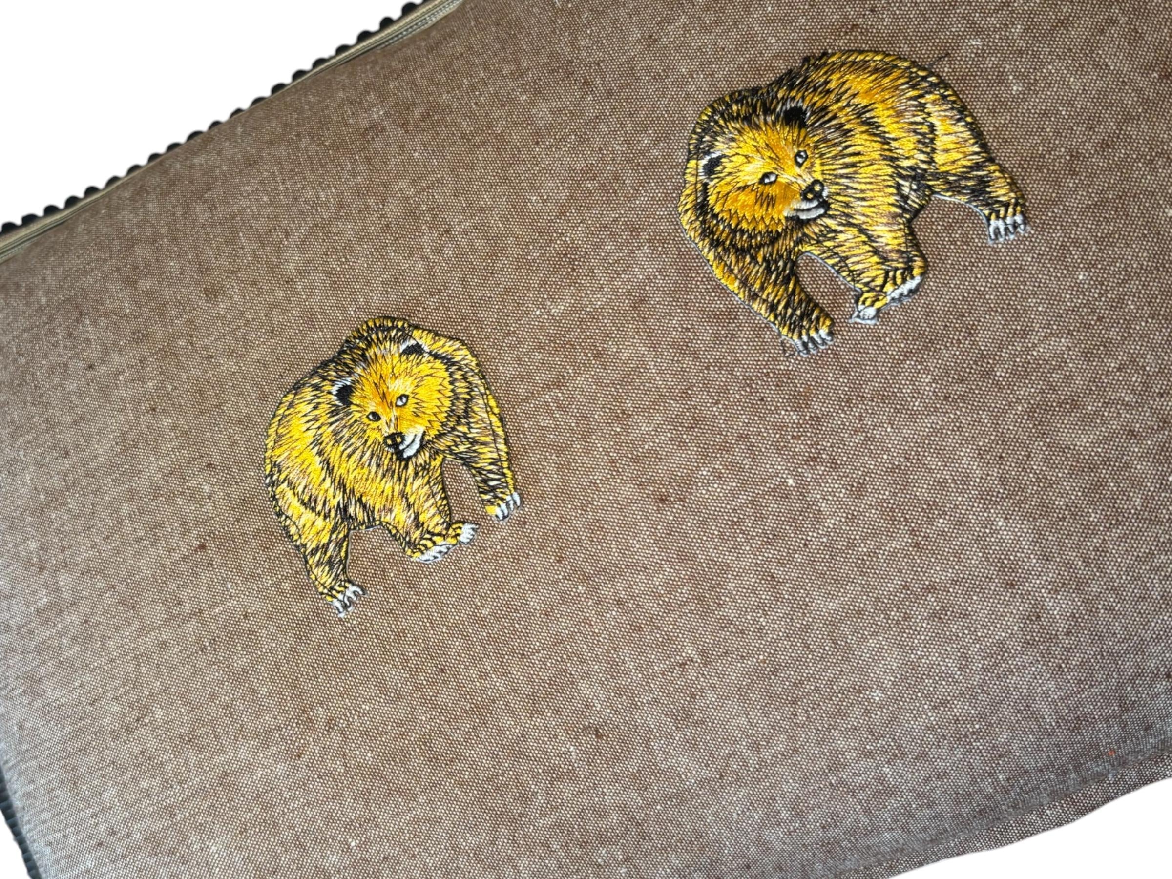 Bear Embroidery Pillow: Whimsical Browm Fabric