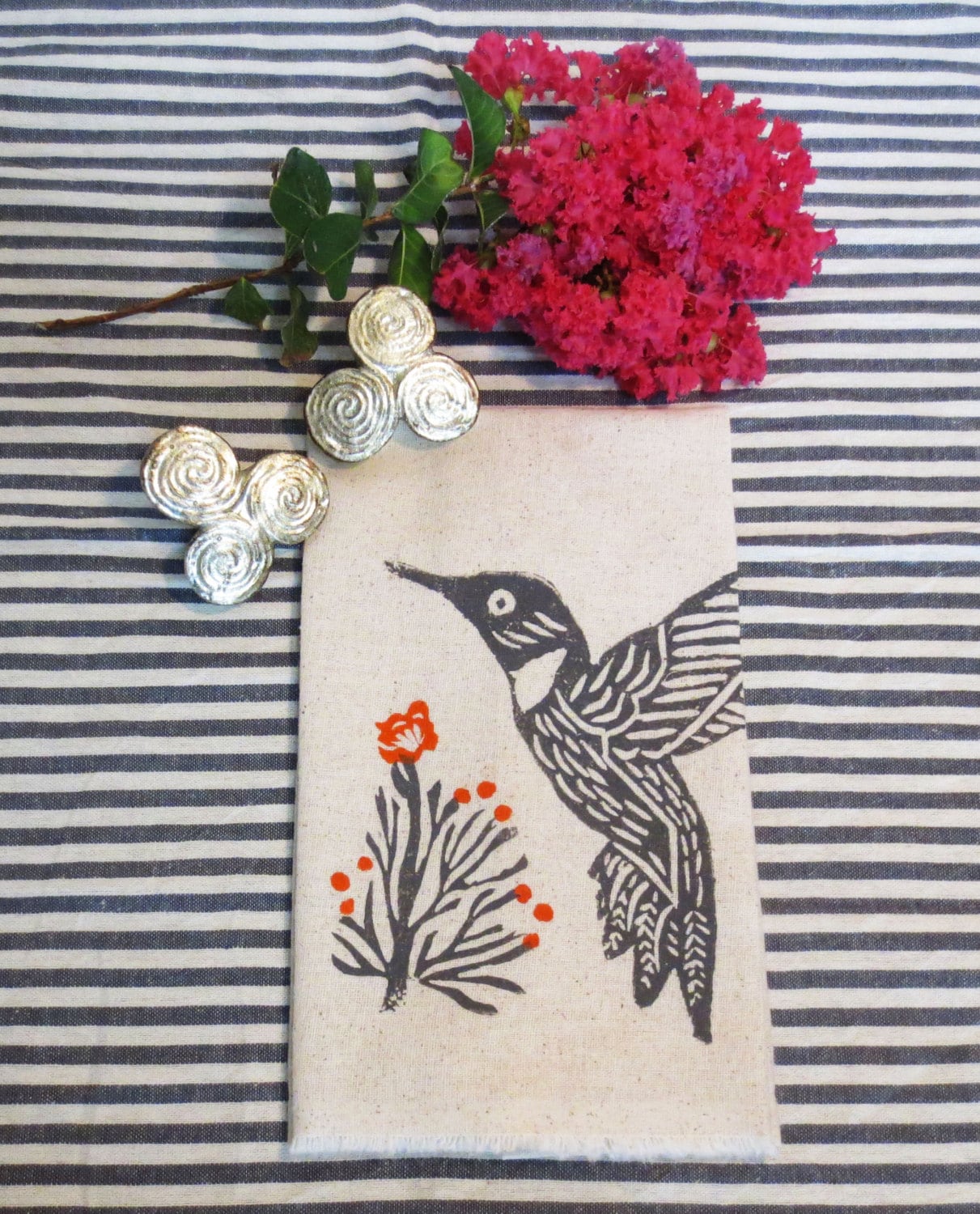 Hummingbird Tea Towel: Taupe Flax Cotton Hand Block Print