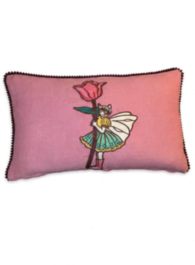 Embroidered Linen Cat Pillow – Whimsical Tulip Flower Design
