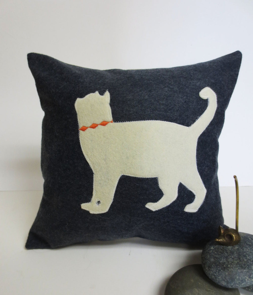 White Cat Silhouette Pillow - Felt Throw Pillow Cushion