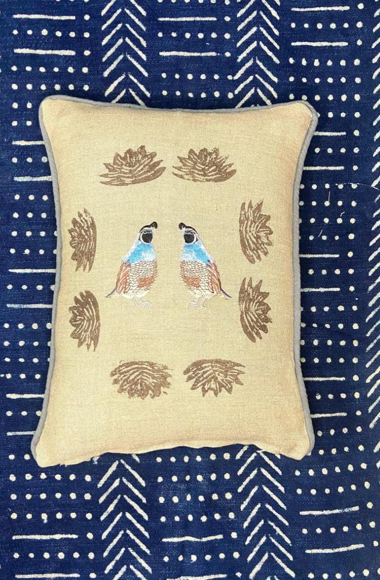 Embroidered Blue Quail Bird Linen Pillow – Desert Cactus Print Trim