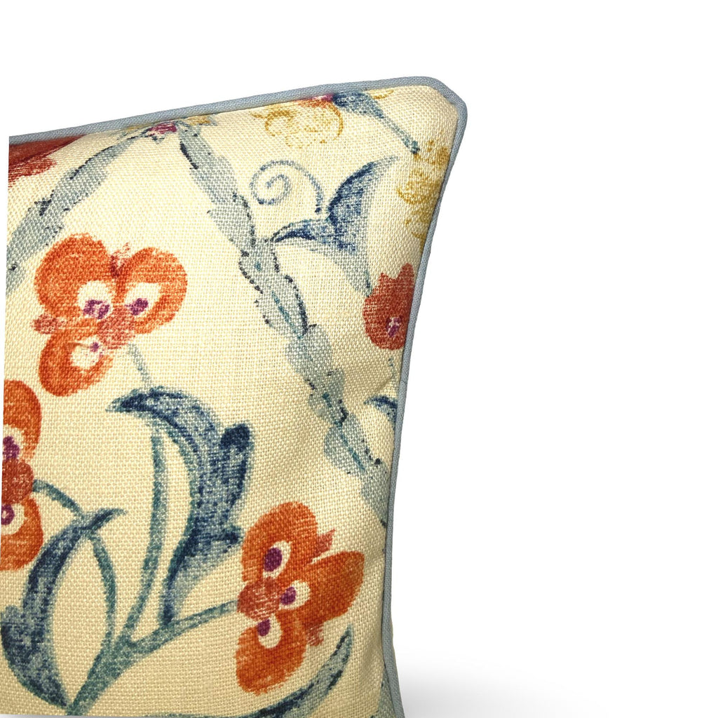 Oscar de la Renta Linen Kidney Pillow: Orange Aqua Floral Trellis, 12x24