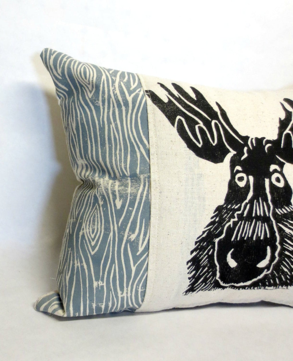 Moose Pillow: Woodland Wood Grain Print, Hand Carved