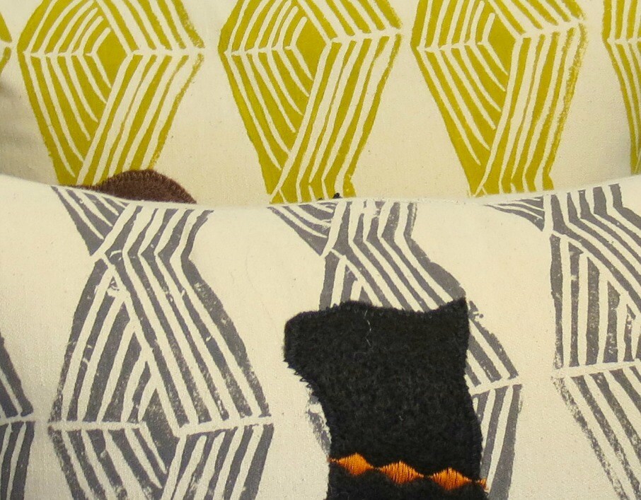Hand Block Print Cat Pillow: Black Felt Silhouette, Modern Home Decor