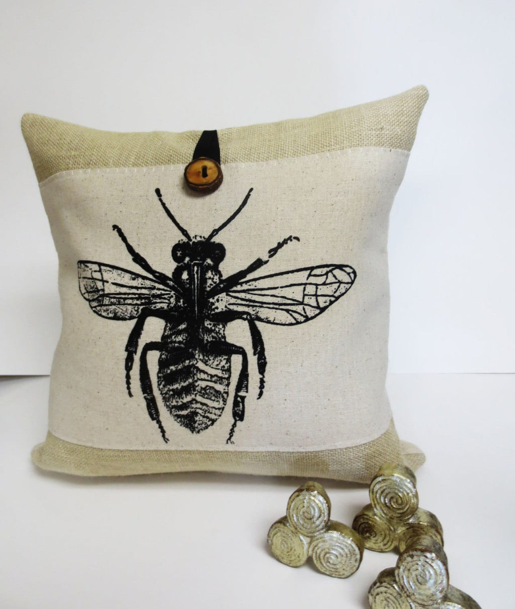 Bee Insect Screen Print Pillow - Poly Burlap Pillow - Decorative Accent Cushion Cover