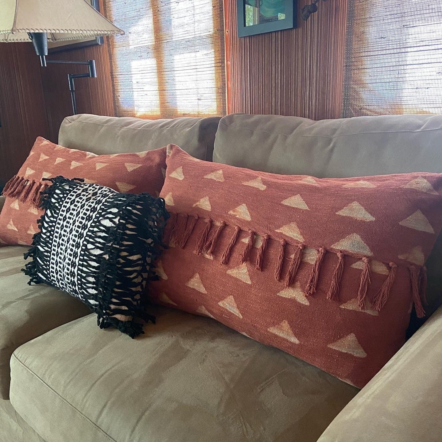 Authentic African Mudcloth Pillow: Rust Tassel Linen Cushion