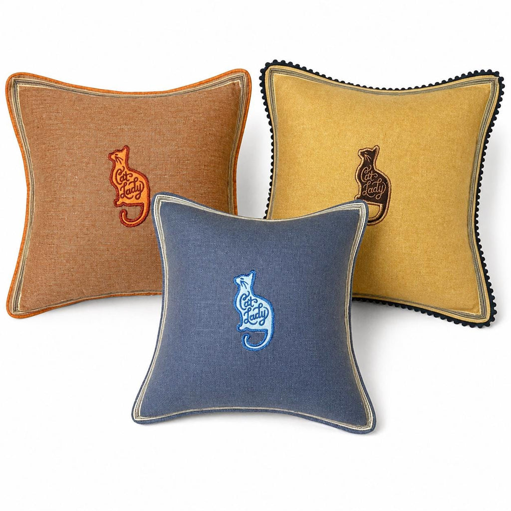 Embroidered Cat Silhouette Linen Pillow - Decorative Throw Pillow
