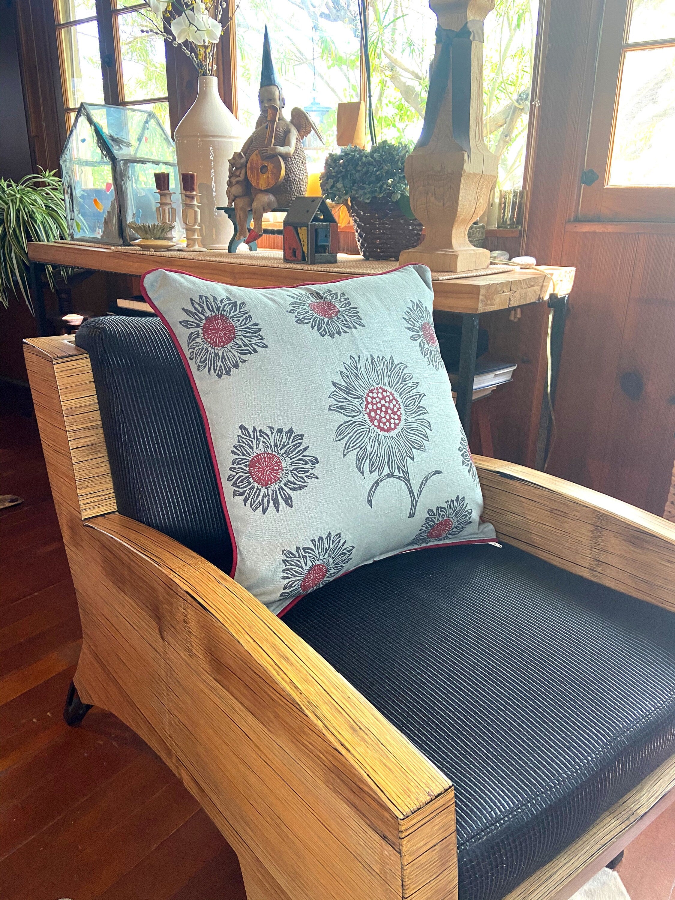 Hand Printed Sunflower Linen Pillow: Floral Home Decor