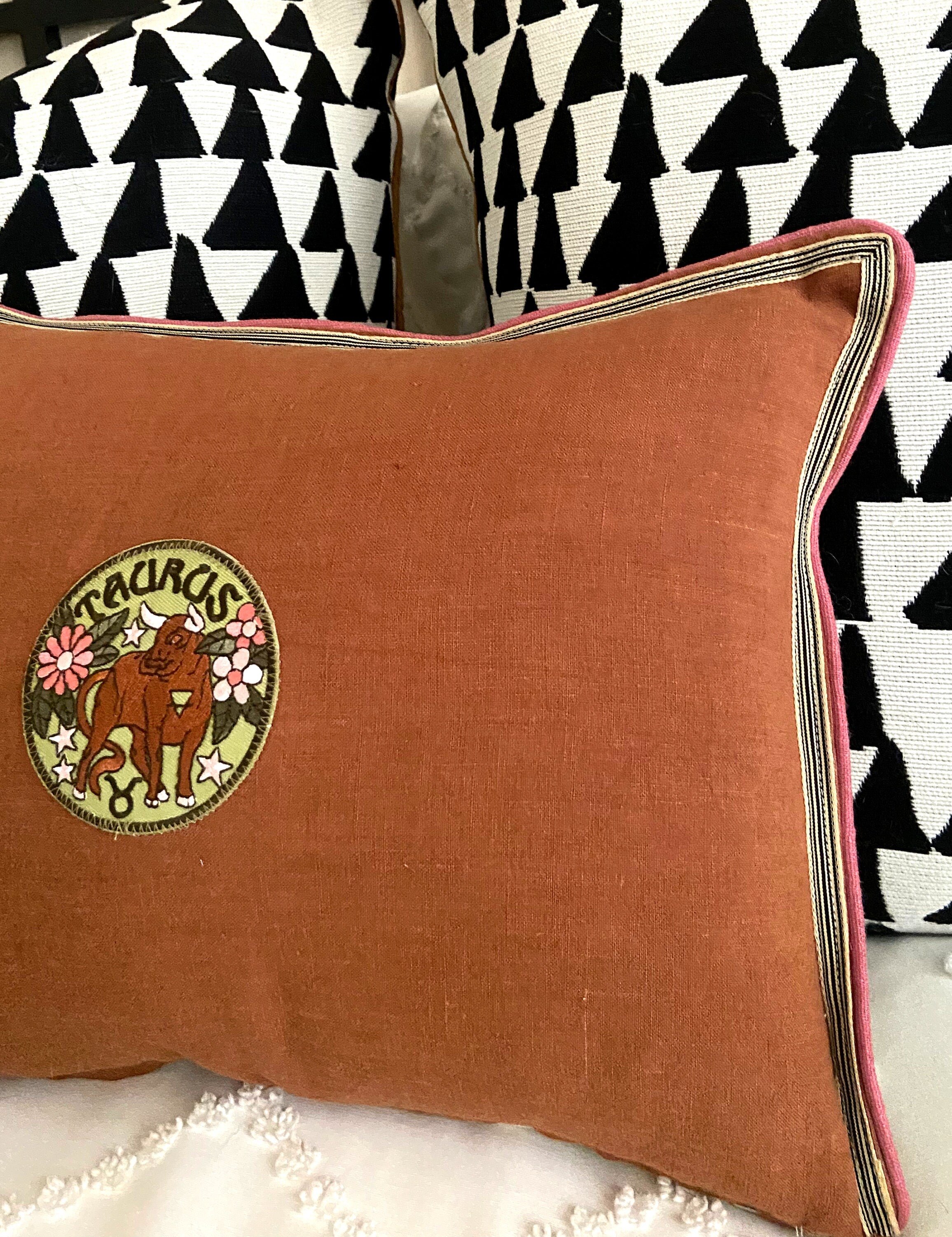 Zodiac Embroidery Linen Pillow: Caramel Brown Accent Pillow