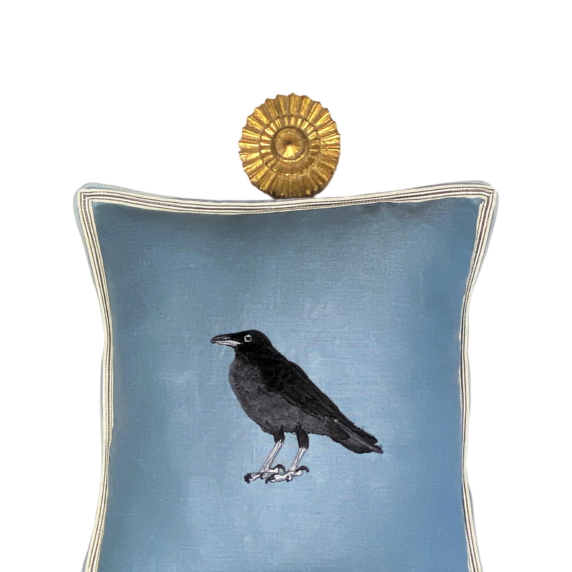 Embroidered Raven Linen Pillow: Slate Blue Bird Decorative Cushion