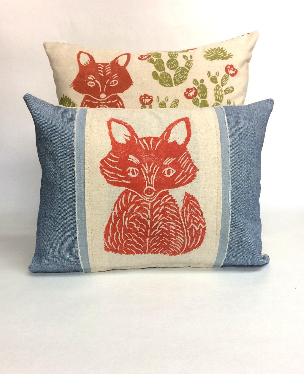 Hand Block Printed Fox Pillow: Desert Cactus Print, Beige Cotton