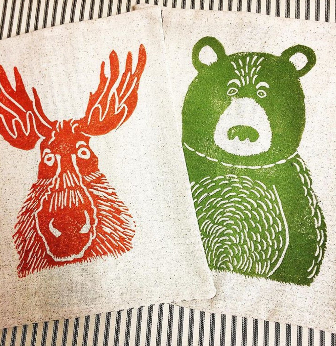 Hand Block Printed Woodland Animal Pillow: Bear, Fox, Moose, Squirrel
