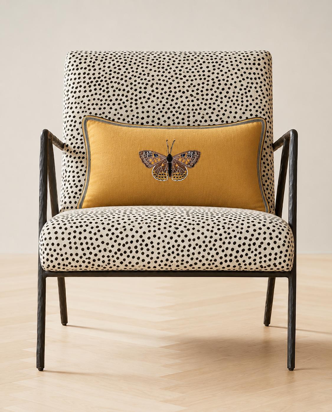 Butterfly Golden Yellow Embroidered  Linen Pillow - Embroidery Pillow