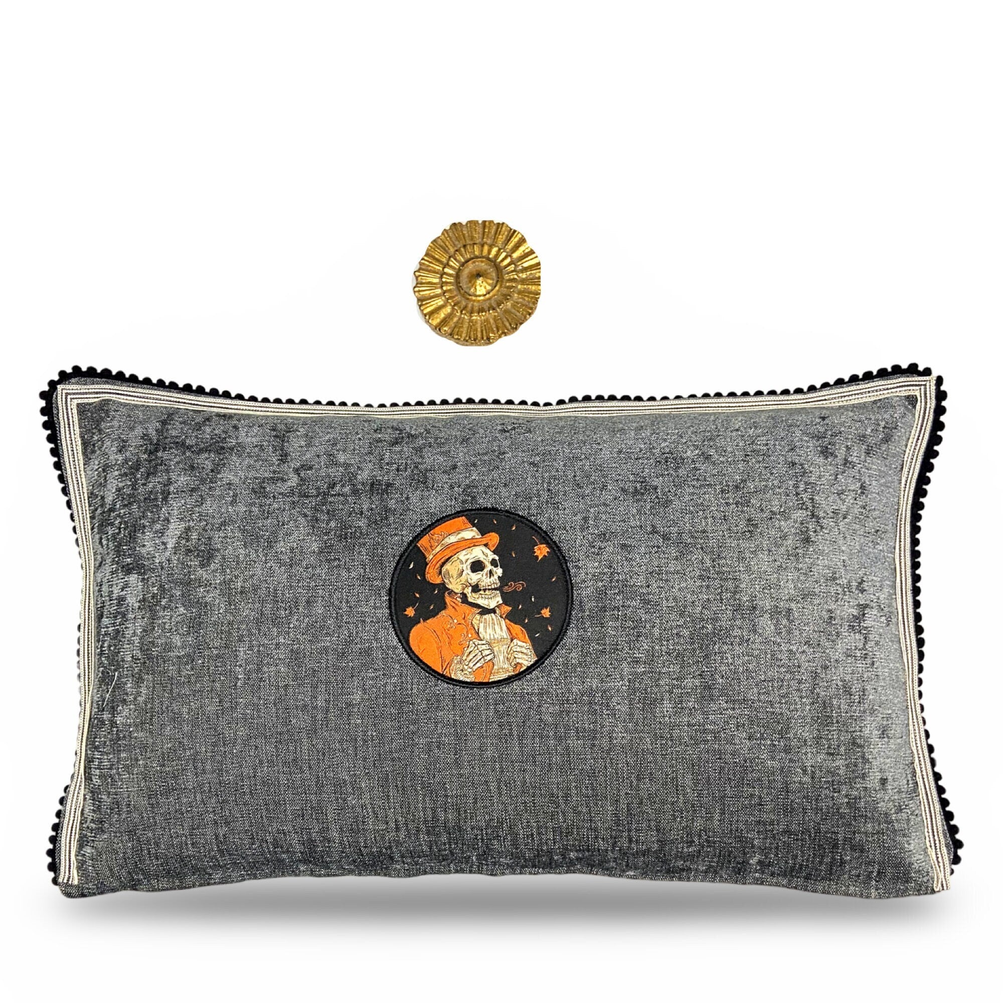 Halloween Chenille Lumbar Pillow: Steampunk Skeleton Skull Embroidery