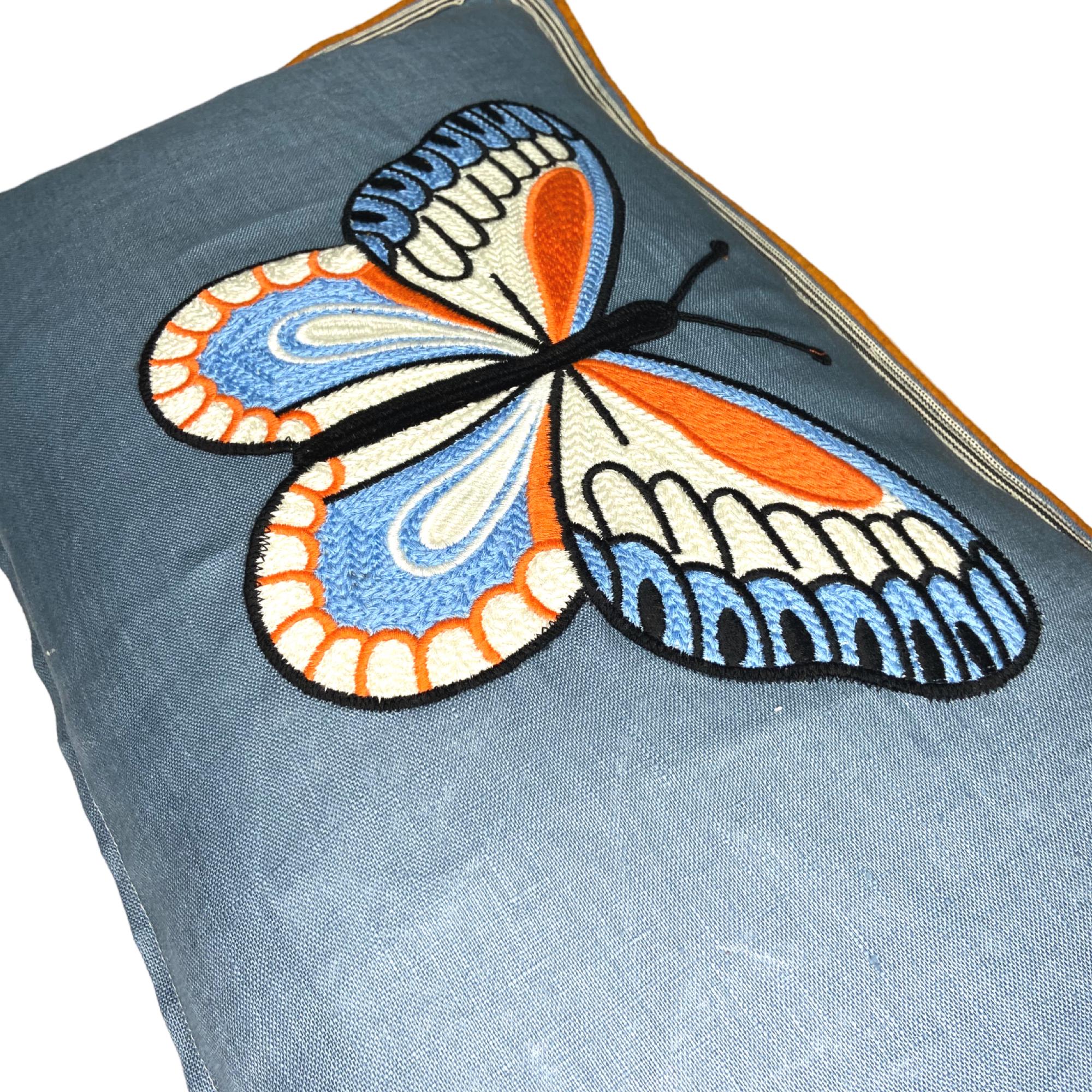 Butterfly Blue and Orange Embroidered  Linen Pillow - Embroidery Pillow
