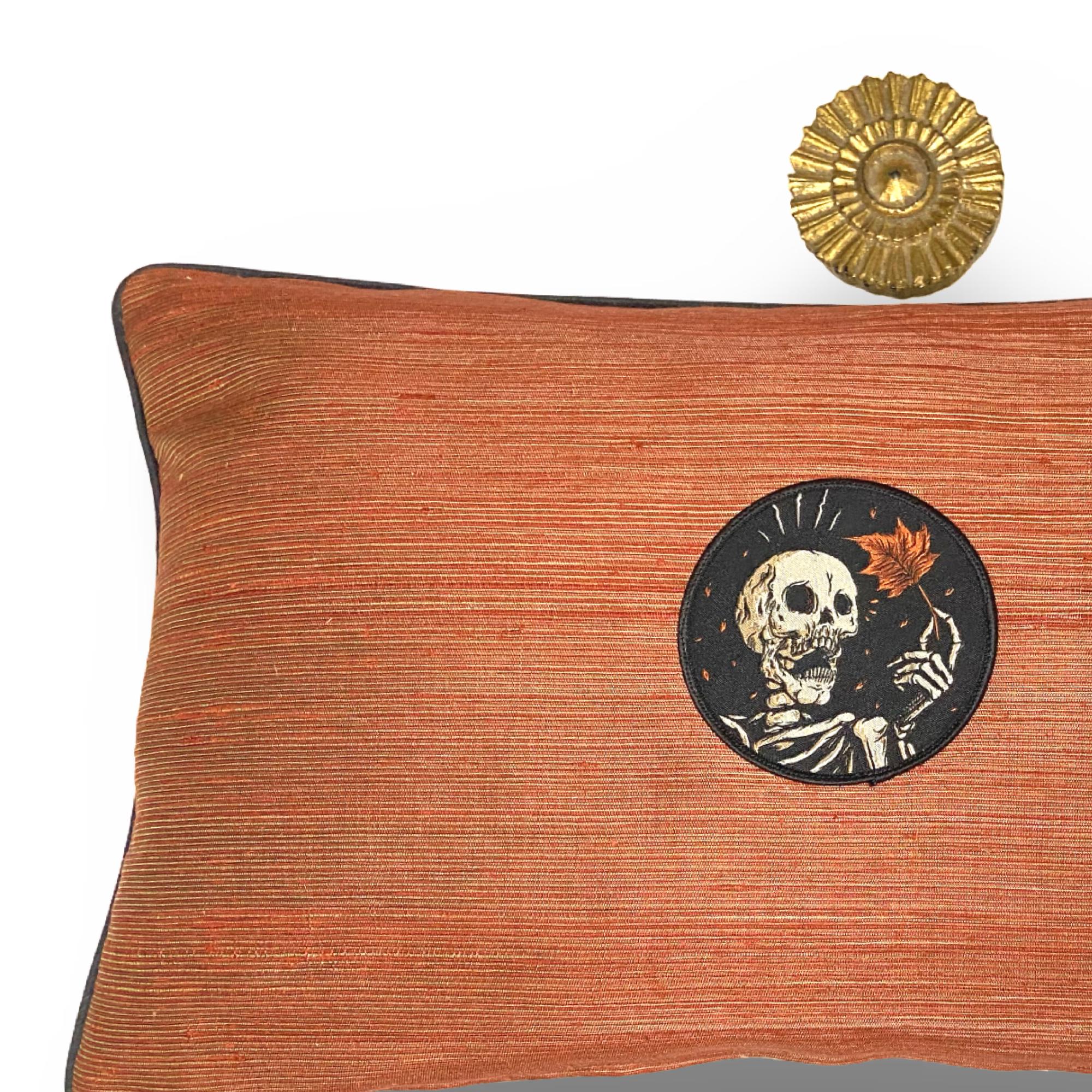 Silk Skull Skeleton Lumbar Pillow: Halloween Embroidery, Gothic Decor