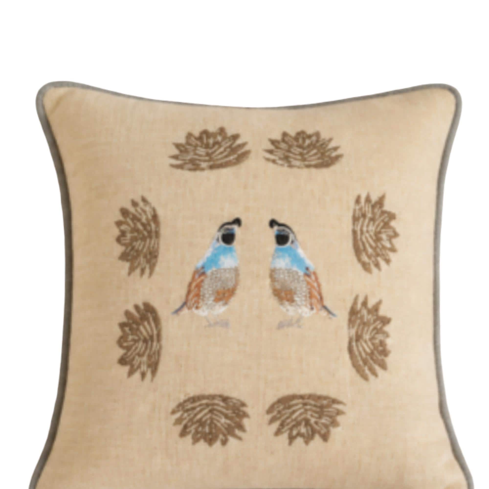 Embroidered Blue Quail Bird Linen Pillow – Desert Cactus Print Trim
