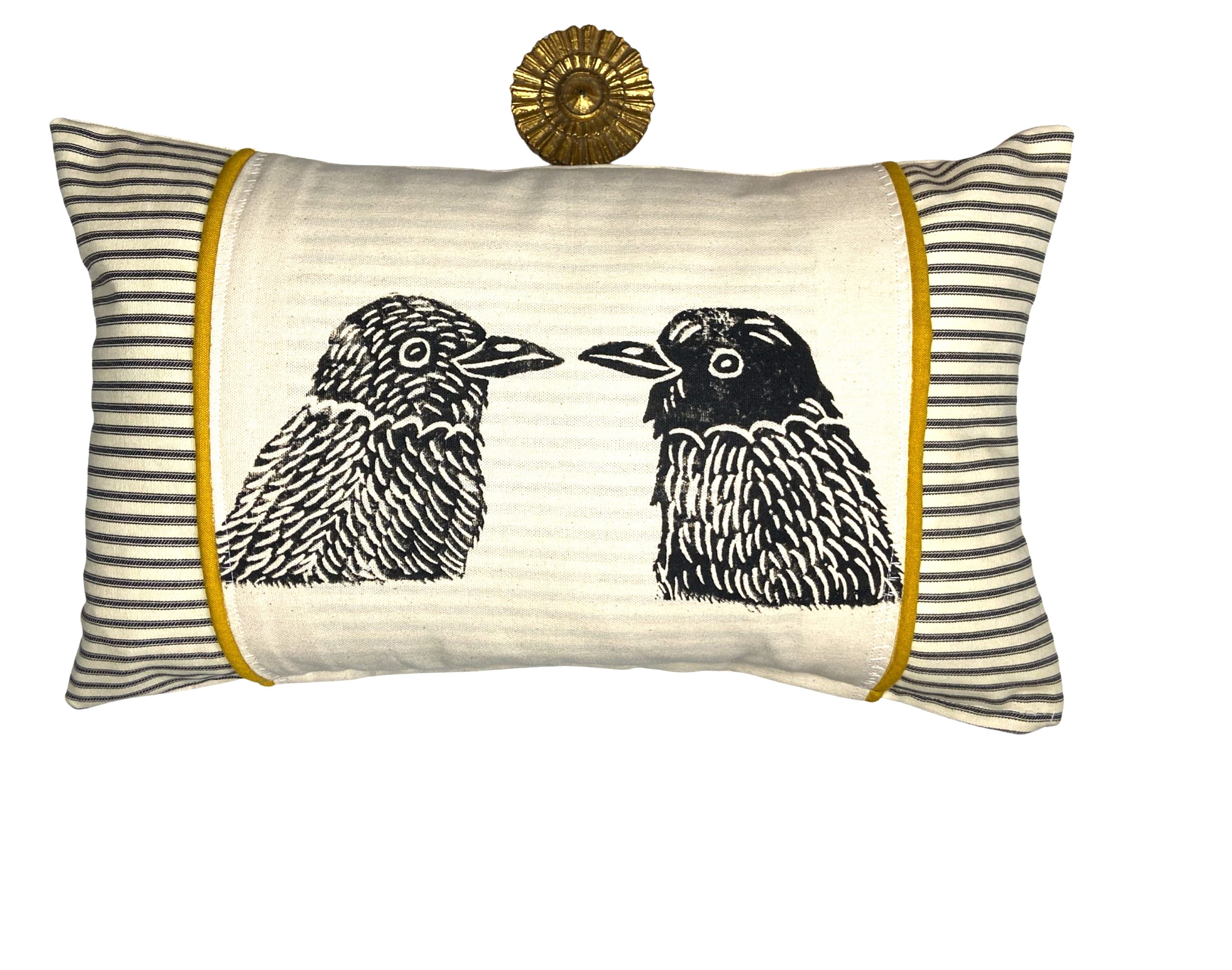 Ticking Stripe Kidney Pillow: Bird Block Print, Cord Trim Accent