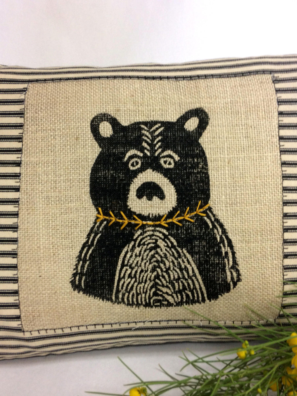 Hand Printed Bear Throw Pillow: Black Burlap, Embroidered Detail