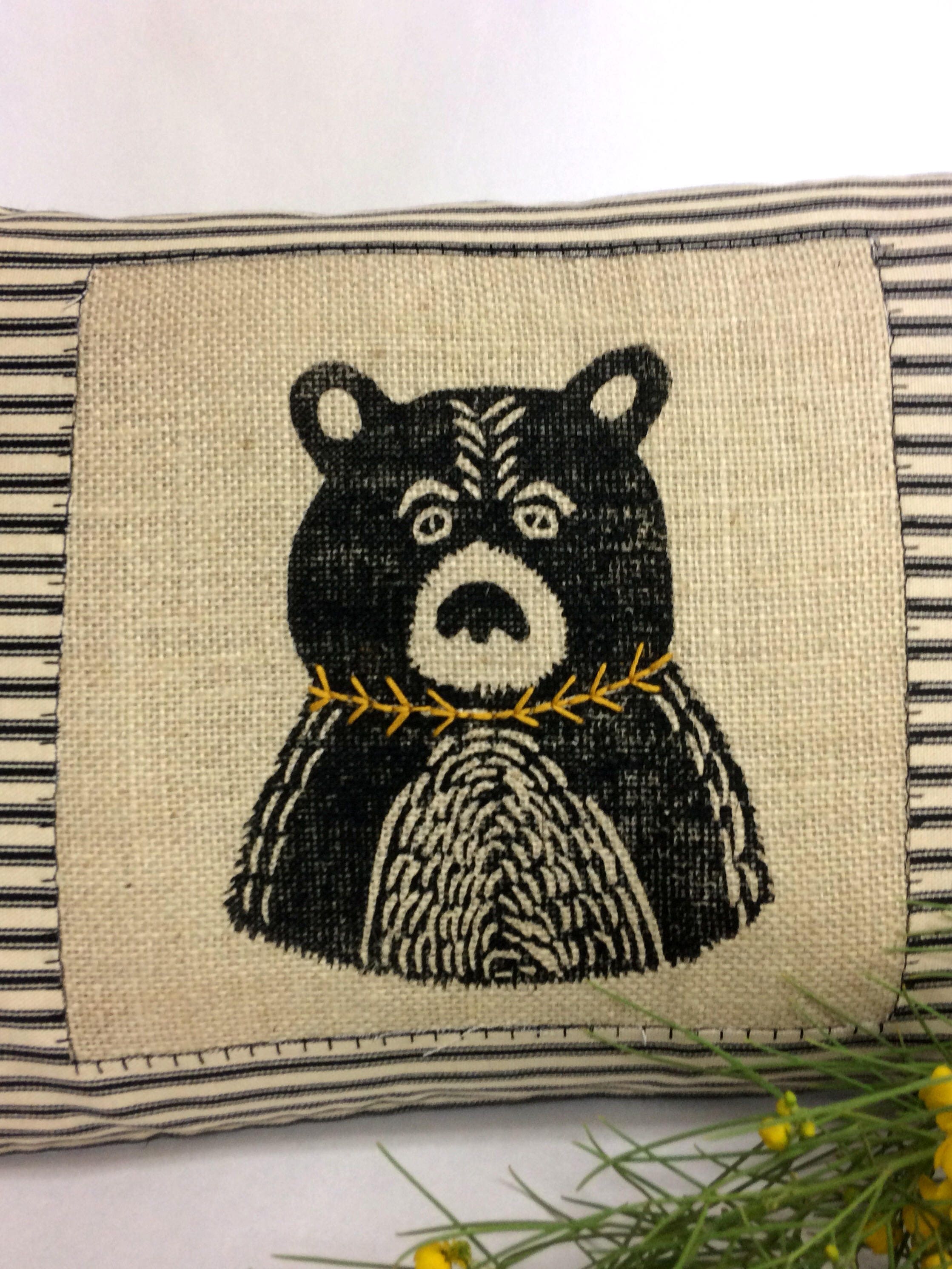 Hand Printed Bear Throw Pillow: Black Burlap, Embroidered Detail