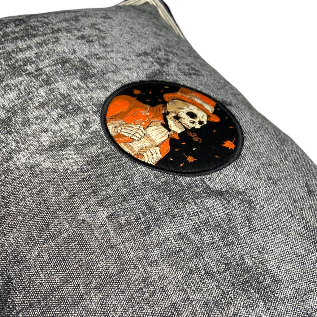 Halloween Chenille Lumbar Pillow: Steampunk Skeleton Skull Embroidery