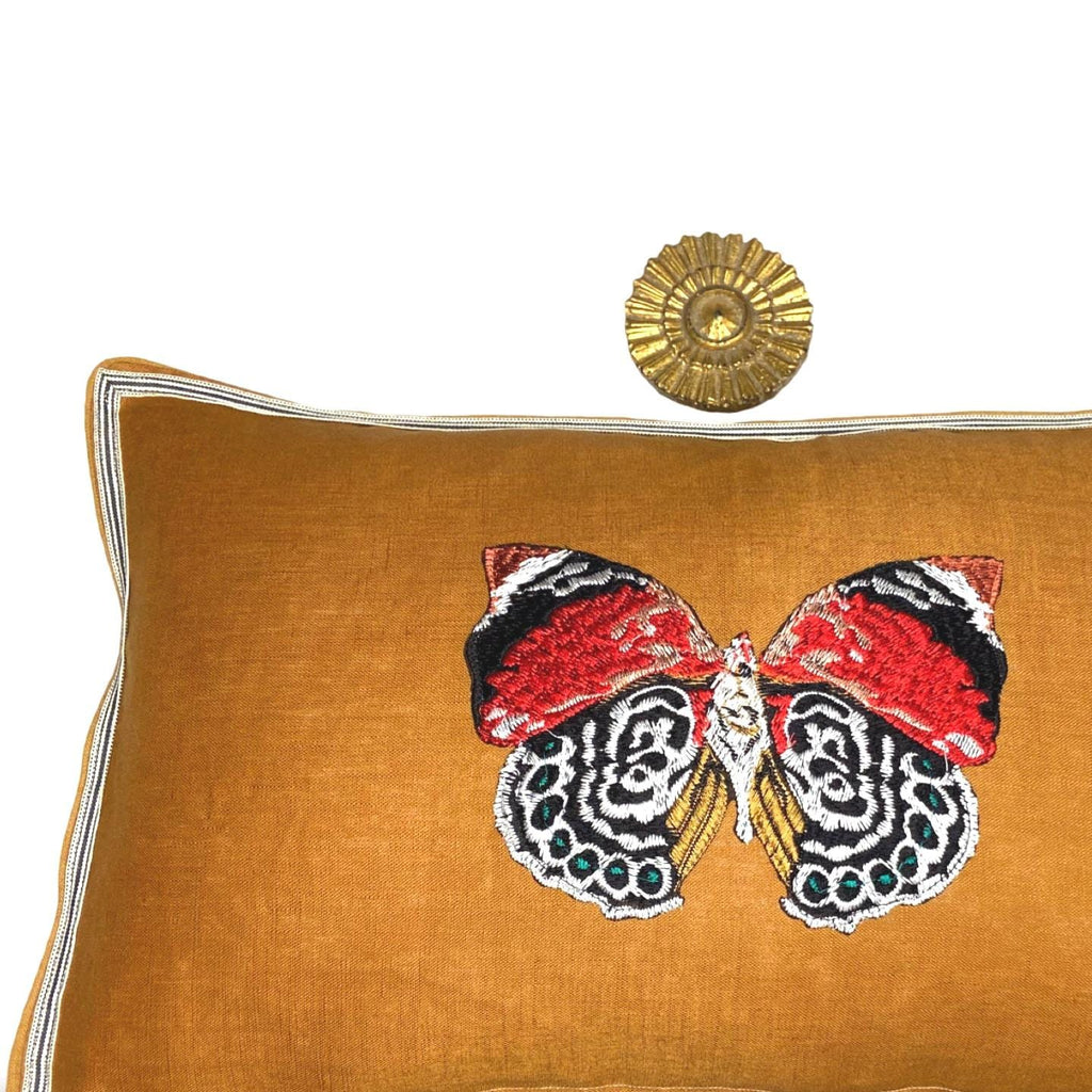 Butterfly Golden Bronze  Embroidered  Linen Pillow - Embroidery Pillow