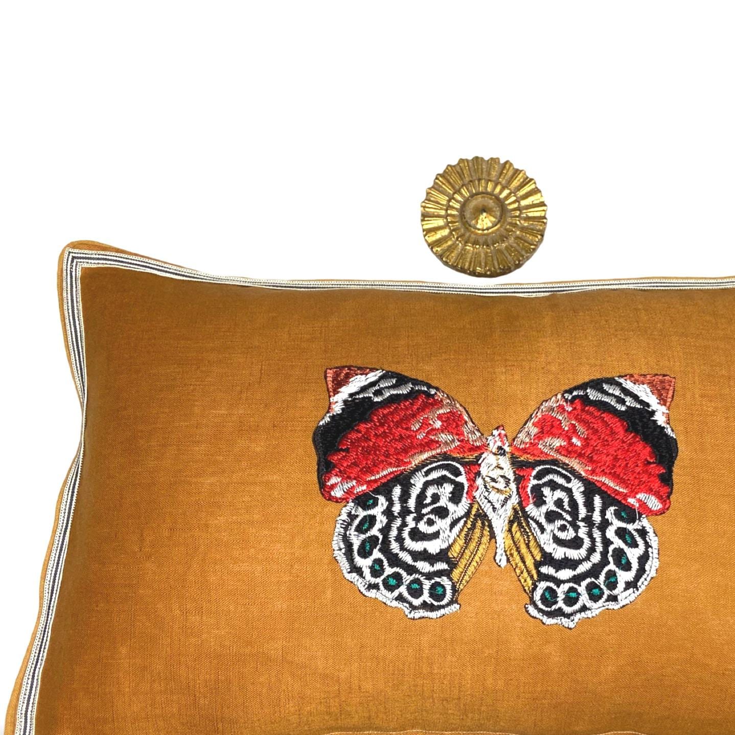 Butterfly Golden Bronze  Embroidered  Linen Pillow - Embroidery Pillow