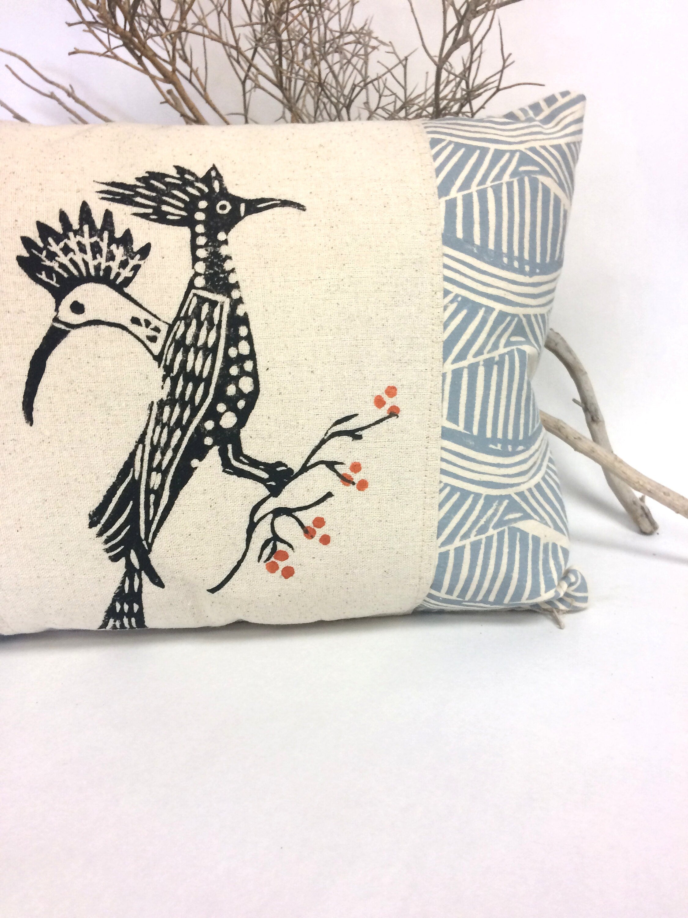 Vintage Roadrunner Print Kidney Pillow: Hand Block Printed Tribal Decor