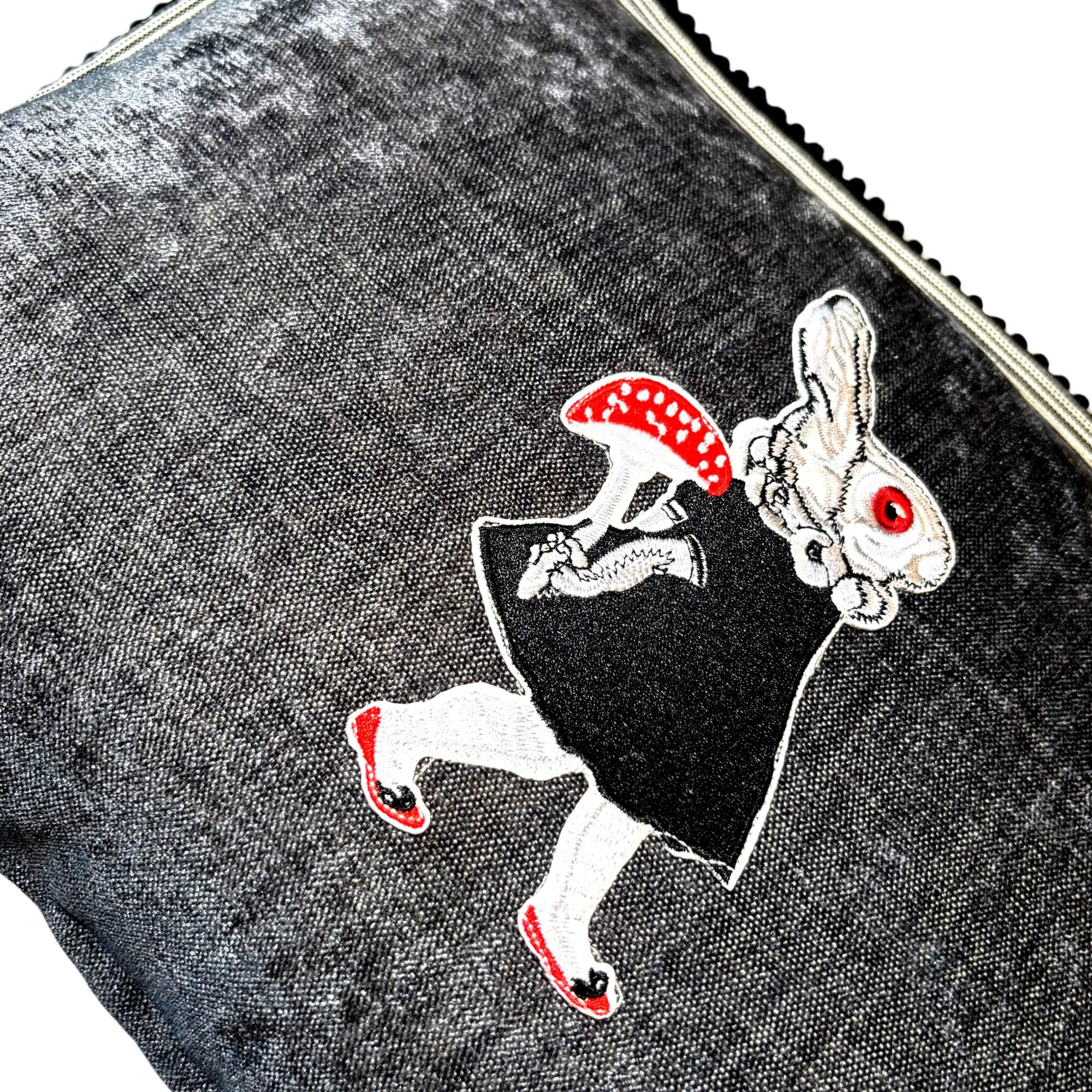 Embroidered Rabbit Pillow – Whimsical Gothic Chenille Cushion (12"x20")