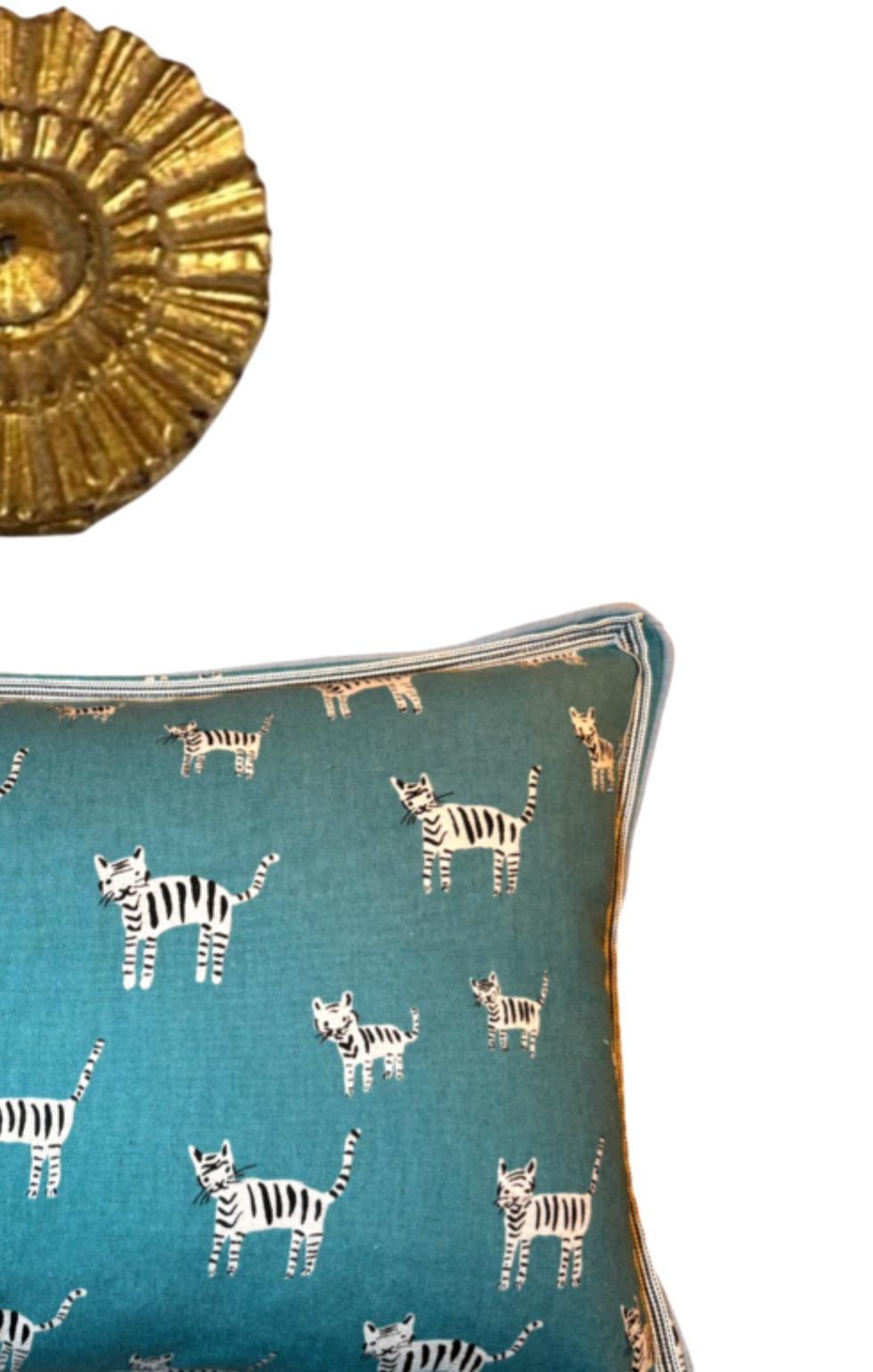 Teal turquoise and white tiger cat print  kidney pillow -  nursery gift