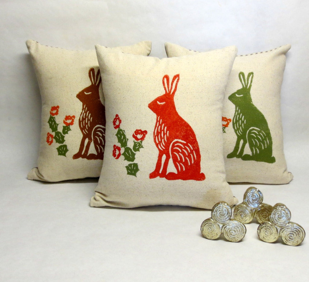 Hand Printed Rabbit Cactus Pillow: Desert Home Decor