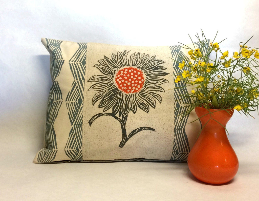 Hand Block Printed Sunflower Pillow: Geometric Accent Cushion