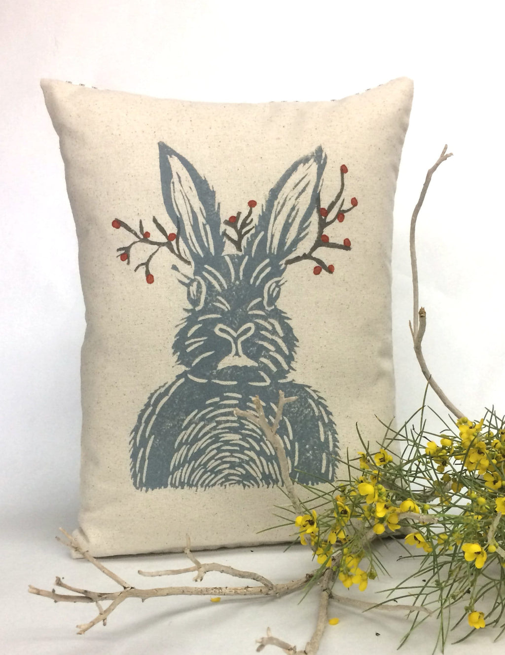 Hand Block Printed Woodland Animal Pillow: Rabbit or Bear Print