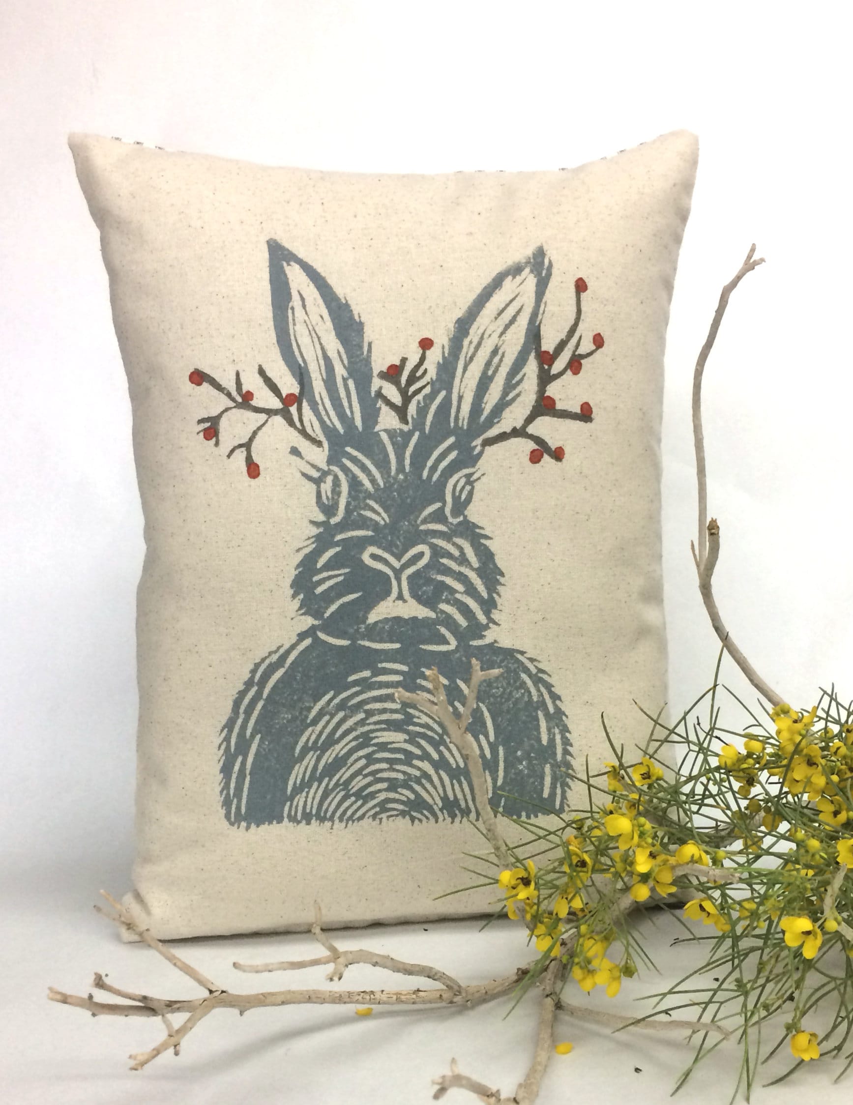 Hand Block Printed Woodland Animal Pillow: Rabbit or Bear Print