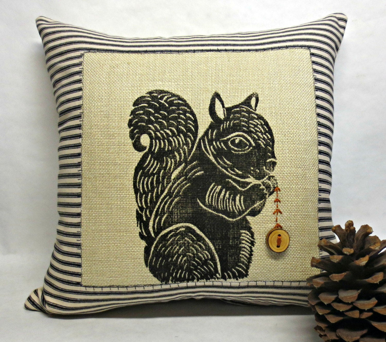 Squirrel Hand Block Printed Pillow: Rustic Cabin Decor
