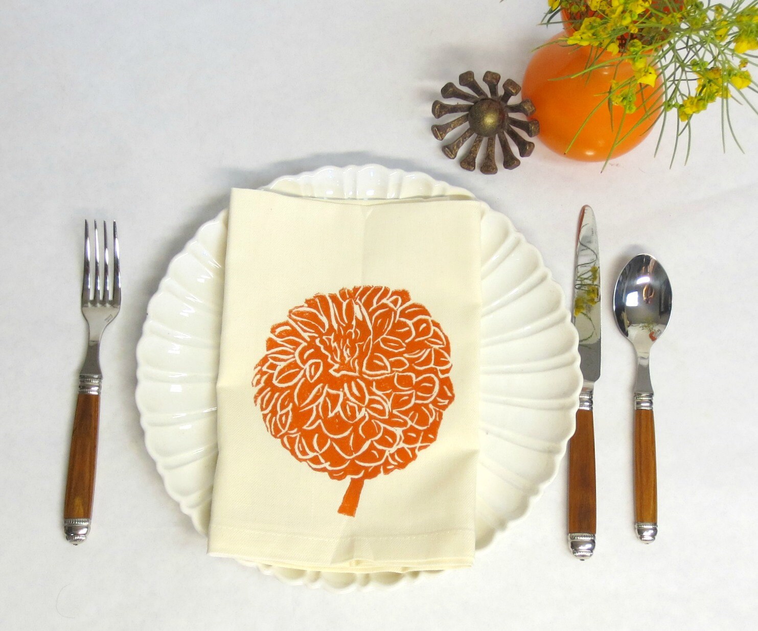 Hand Printed Orange Dahlia Flower Napkins - Set of 4