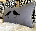 Slate Blue Embroidered Crow Raven Bird Linen Pillow