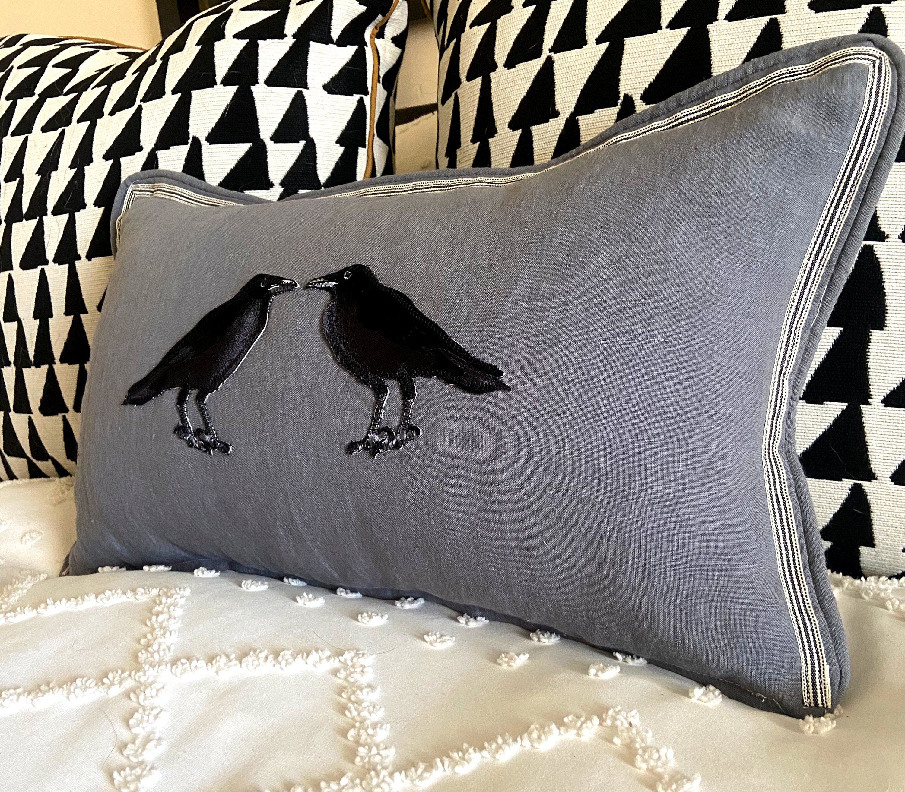 Slate Blue Embroidered Crow Raven Bird Linen Pillow