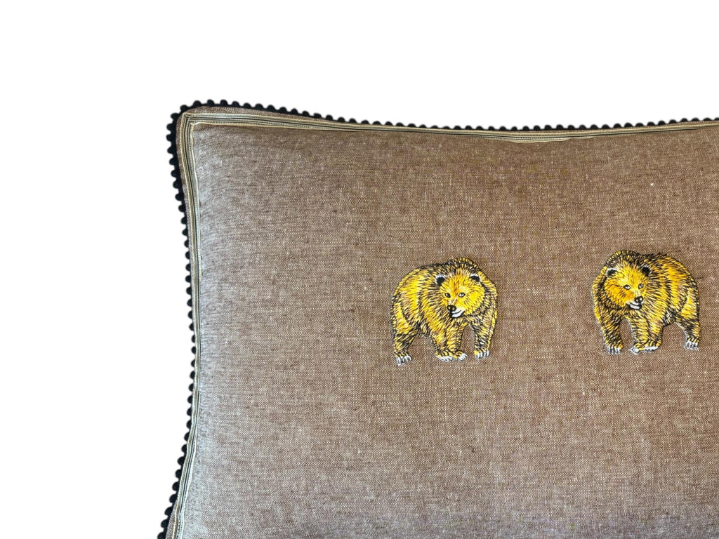 Bear Embroidery Pillow: Whimsical Browm Fabric
