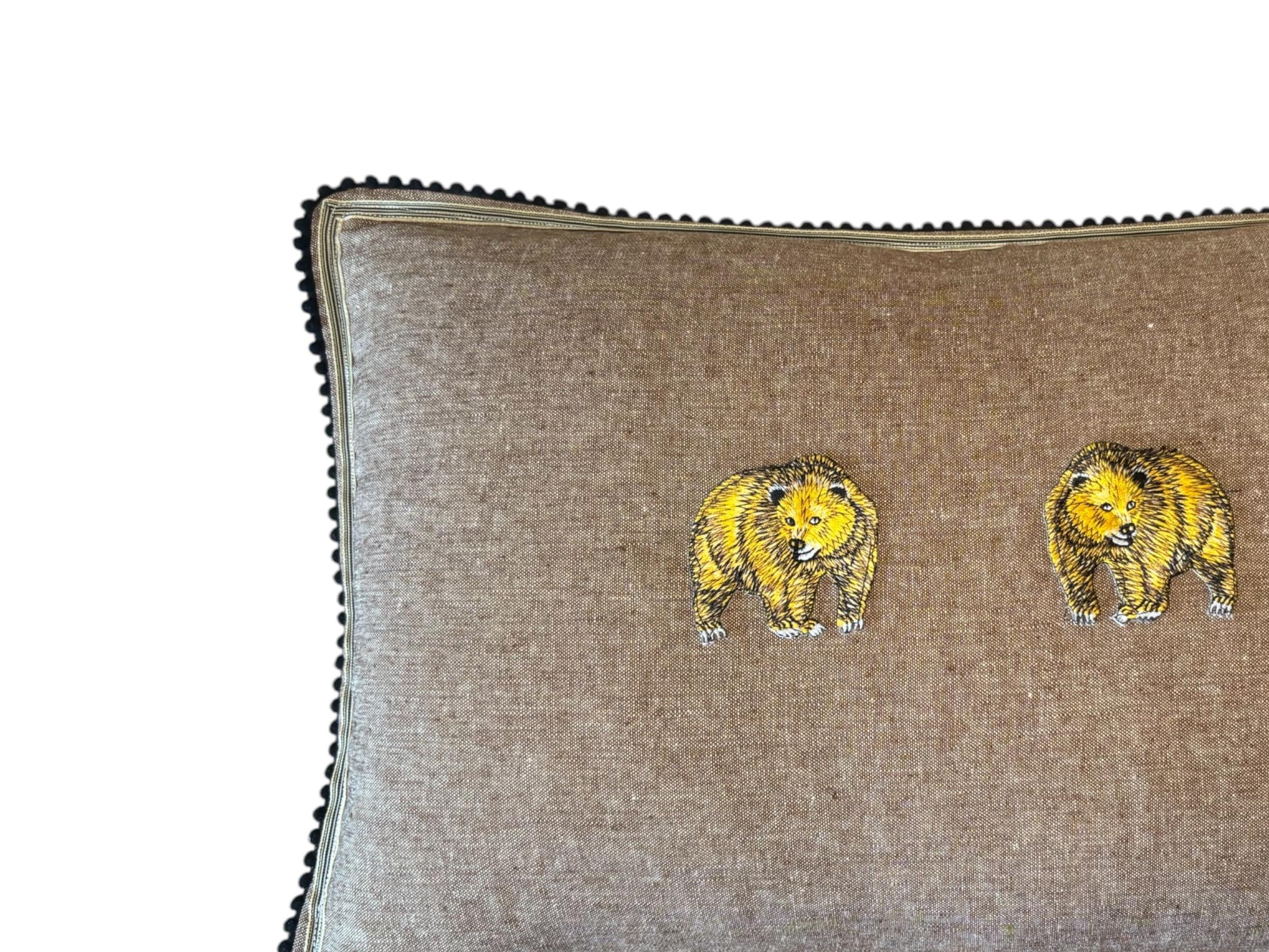 Bear Embroidery Pillow: Whimsical Browm Fabric