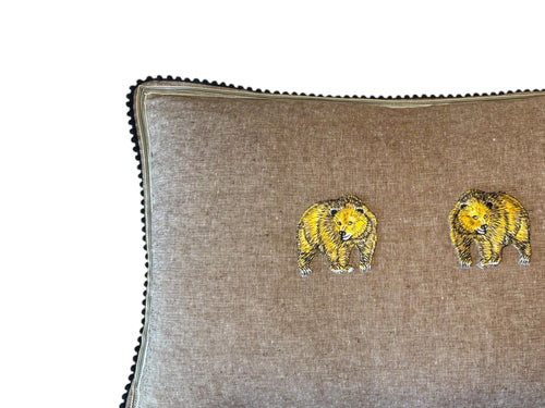 Bear Embroidery Pillow: Whimsical Browm Fabric