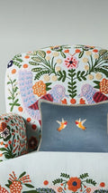 Embroidered Hummingbird Linen Pillow: Slate Blue & Orange Bird Applique