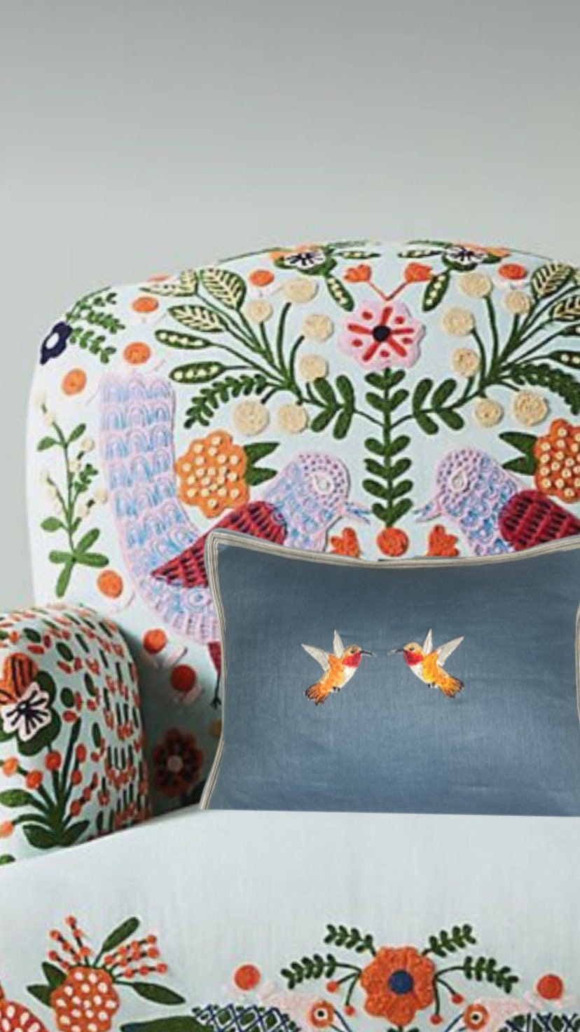 Embroidered Hummingbird Linen Pillow: Slate Blue & Orange Bird Applique