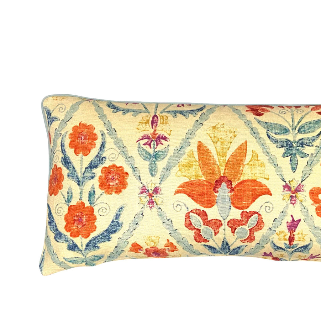 Oscar de la Renta Linen Kidney Pillow: Orange Aqua Floral Trellis, 12x24